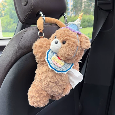 Car tissue box/set Hanging Car Cute High-End Plush - blue-hat-bib-style-khaki-bear-tissue-draw