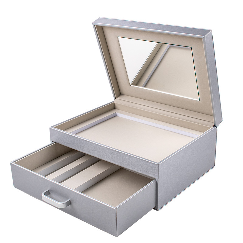 Fabricantes personalizados plata pu cuero ultrafibra caja de almacenamiento de joyería simple de doble capa salón de belleza caja de regalo de cosméticos
