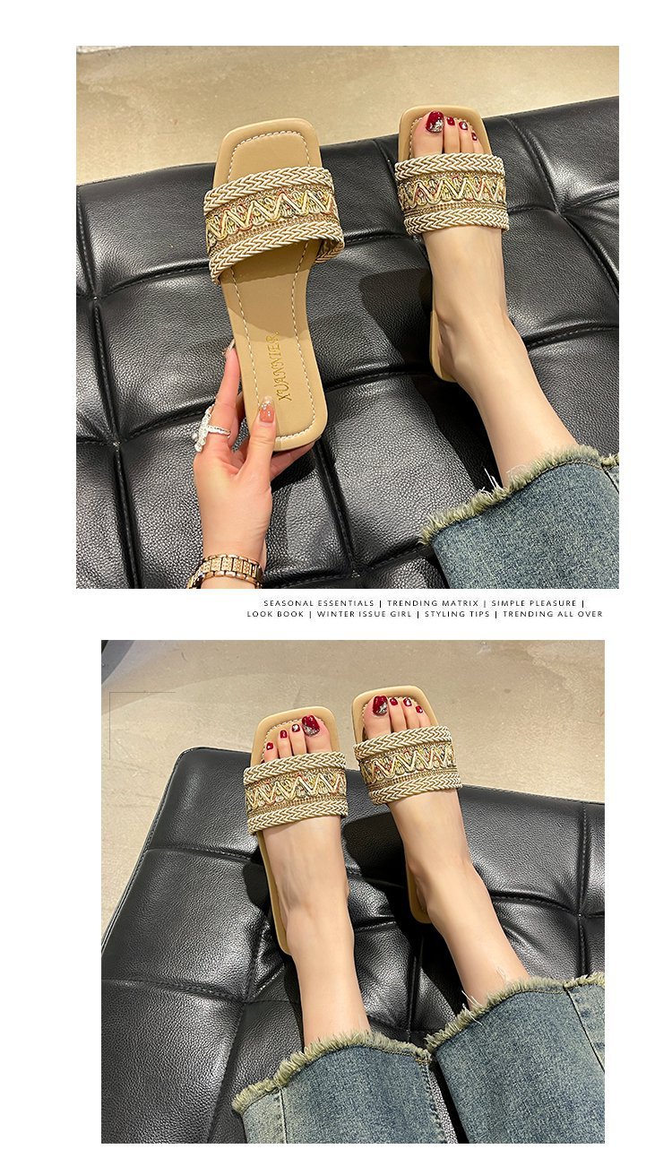 Große einreihige Hausschuhe mit flacher Sohle für Damen im ethnischen Stil, gewebte Strandsandalen mit quadratischer Zehenpartie_voghion.com
