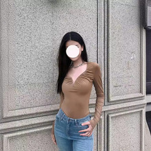 特价清仓 黄棕色连体衣挖胸深V领辣妹修身紧身收腰长袖不退不换