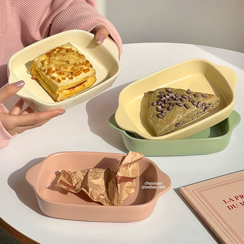 Керамическая rectangular форма для выпечки, духовка-safe, кремово-жёлтый/перламутровый/лотосовый/персиковый зелёный, с ручками