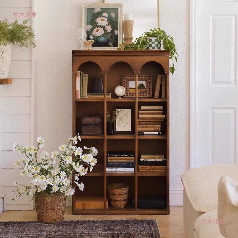 Bookcase French Retro Solid Wood Living Room Storage Display Cabinet Small Apartment Household Multi-Functional Floor-Standing Storage Cabinet Others