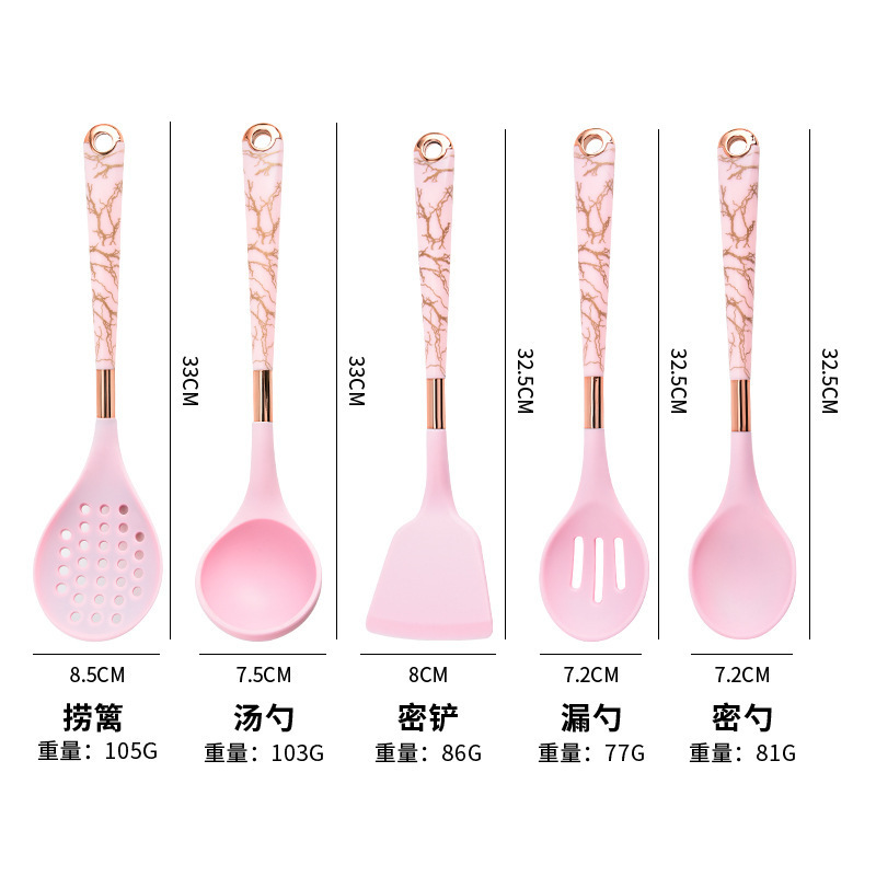 Utensilios de cocina de silicona, mango de aprobación, juego de 7 piezas, sartén antiadherente para el hogar, cuchara de suplemento alimenticio para bebés, utensilios de cocina con estante de almacenamiento