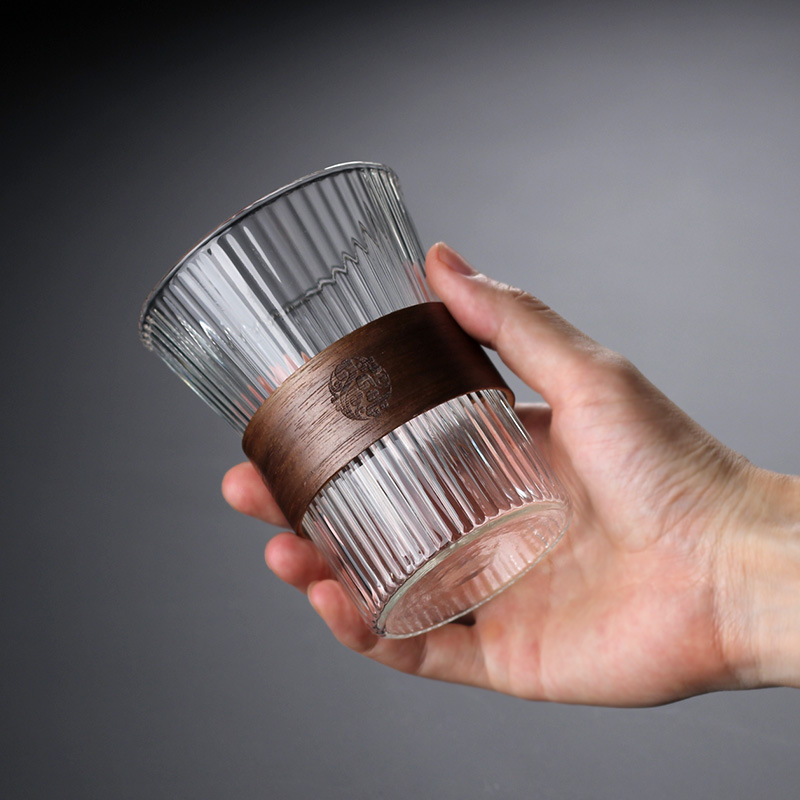 High Borosilicate Glass with Wood Chip Vertical Grain Glass Household Water Cup Juice Beverage Tea Cup Office Single Layer Cup