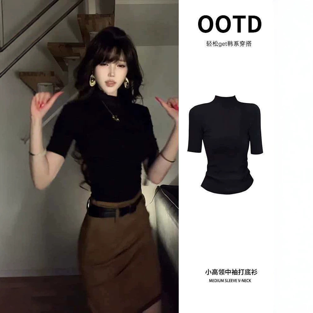 Korean-style high-end ribbed half-high collar base shirt for women, summer five-sleeve t-shirt, slim-fit top, suitable for commuting, stylish and elegant
