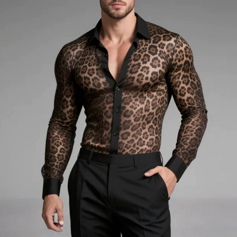 [in Stock] Cross-Border Trade European and American Men's Breathable Long Sleeve See-Through Fashion Printed Party Sexy Mesh Shirt