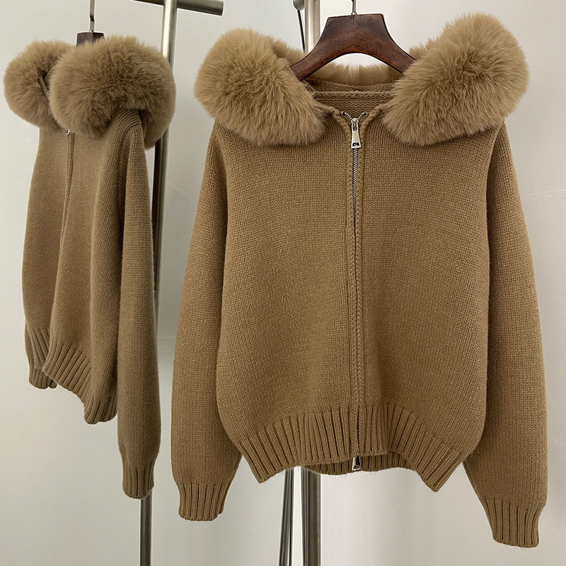 Autumn and Winter New Korean Style Imitation Fox Large Fur Collar Hooded Zipper Knitted Cardigan Jacket High-End Knitted Knitwear Top