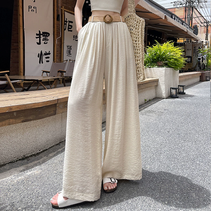 Летние 2025 брюки для женщин больших размеров с эффектом похудения, высокие, из хлопка и льна, широкие, дышащие, драпированные, повседневные, в пол.