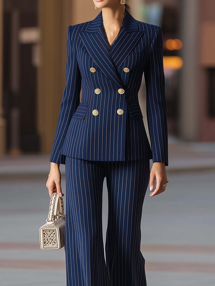 Elegant Striped Suit Set for Women Long Sleeved European American Style Slim Fit Waist Defining Commuter Wear 2025 Hot Selling_ecoleips.com
