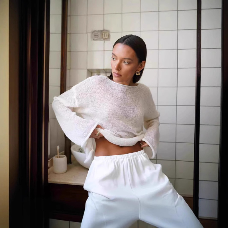 Cross-Border Cut Out Knitwear European and American 2025 Spring and Summer New Women's See-Through Thin Large Round Neck Bell Sleeve Knitted T-Shirt