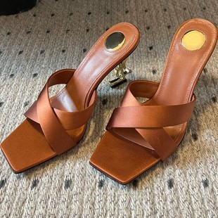 2025 Spring New Cross Strap Metal Letter Heel Square Toe Open Toe Sandals 9cm Thin Heel Empty Heel Sandals