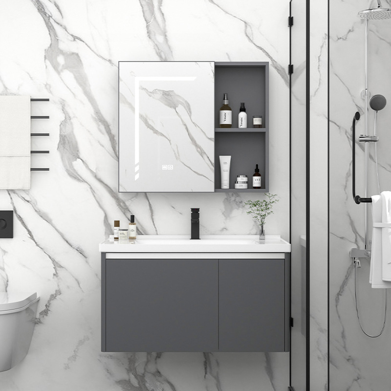 Gabinete de baño de aluminio espacial combinado lavabo cerámico lavabo lava