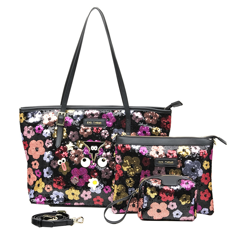 Bolso con cremallera de lentejuelas bordado casual de tres piezas para mujer de gran capacidad
