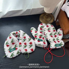 韩系郁金香印花羊羔绒系带围脖耳罩女保暖百搭加绒加厚可挂脖手套