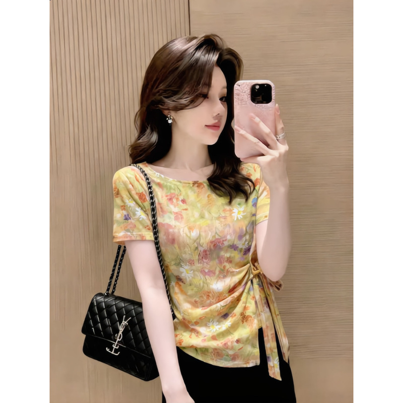 Korean-Style Sweet Daisy Floral Mesh Short-Sleeve T-Shirt for Women, Summer Style with Side Waist Tie, Slimming and Age-Reducing Top