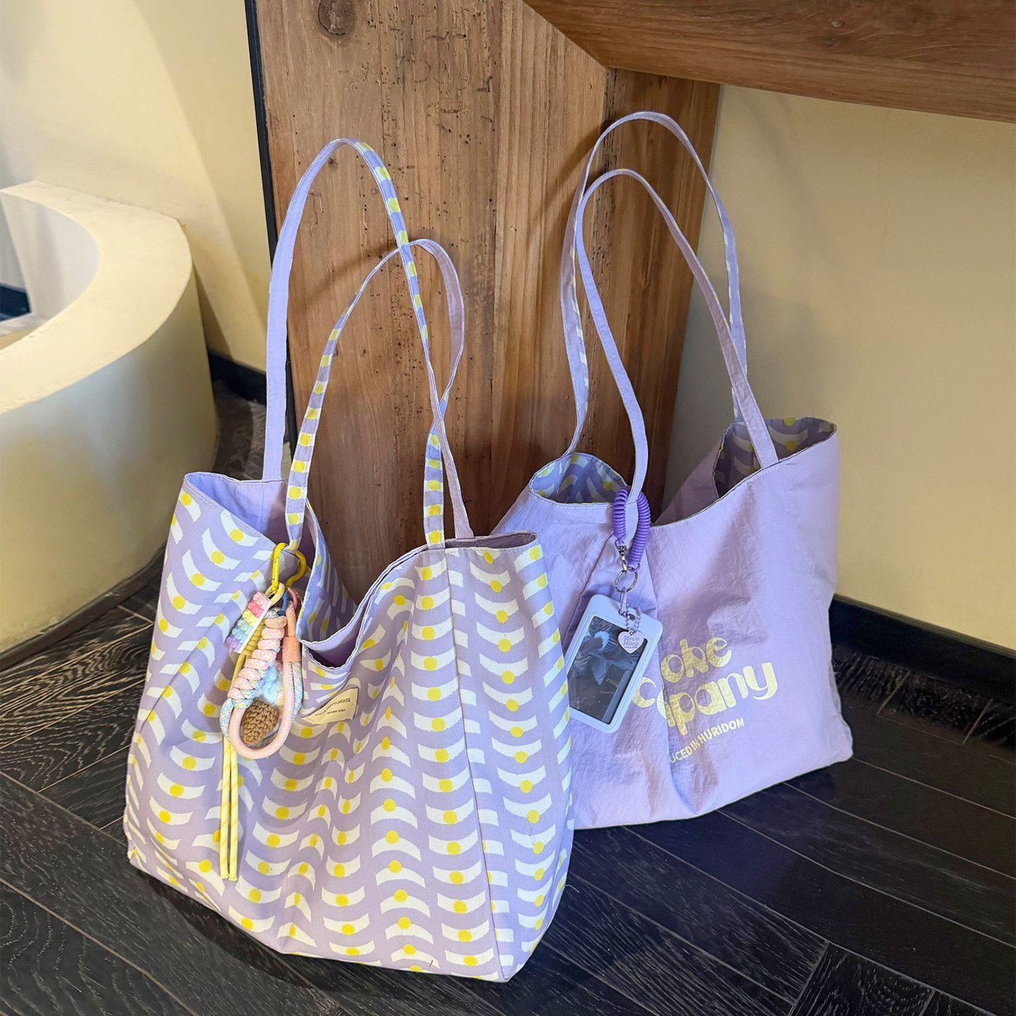 Korean-Style Leopard Print Casual Plaid Canvas Bag for Women, Large Capacity Lettered Shoulder Tote Bag, Double-Sided Commuter Bag