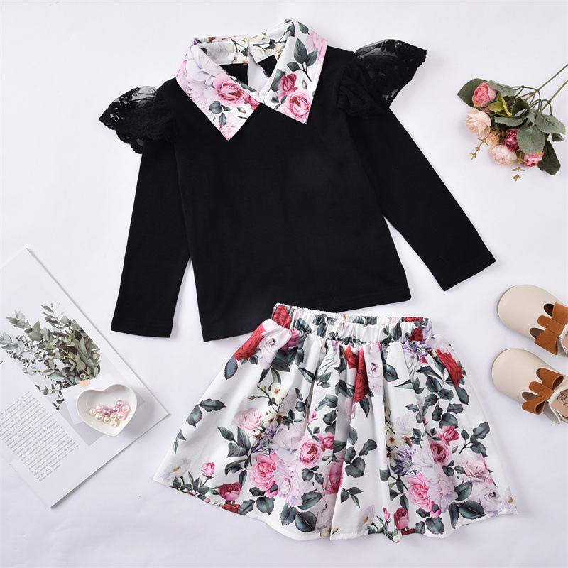 Lace Flounced Sleeve Lapel Long Sleeve Top Girls' Autumn Printing Skirt Suit 2021 Autumn New Children's Clothing display picture 12