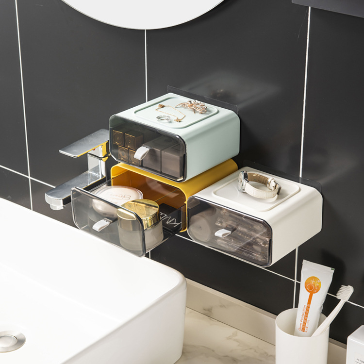 Caja de almacenamiento impermeable de baño montado en la pared estante de almacenamiento de baño sin golpes cosméticos caja de almacenamiento de joyas caja de almacenamiento de color de contraste