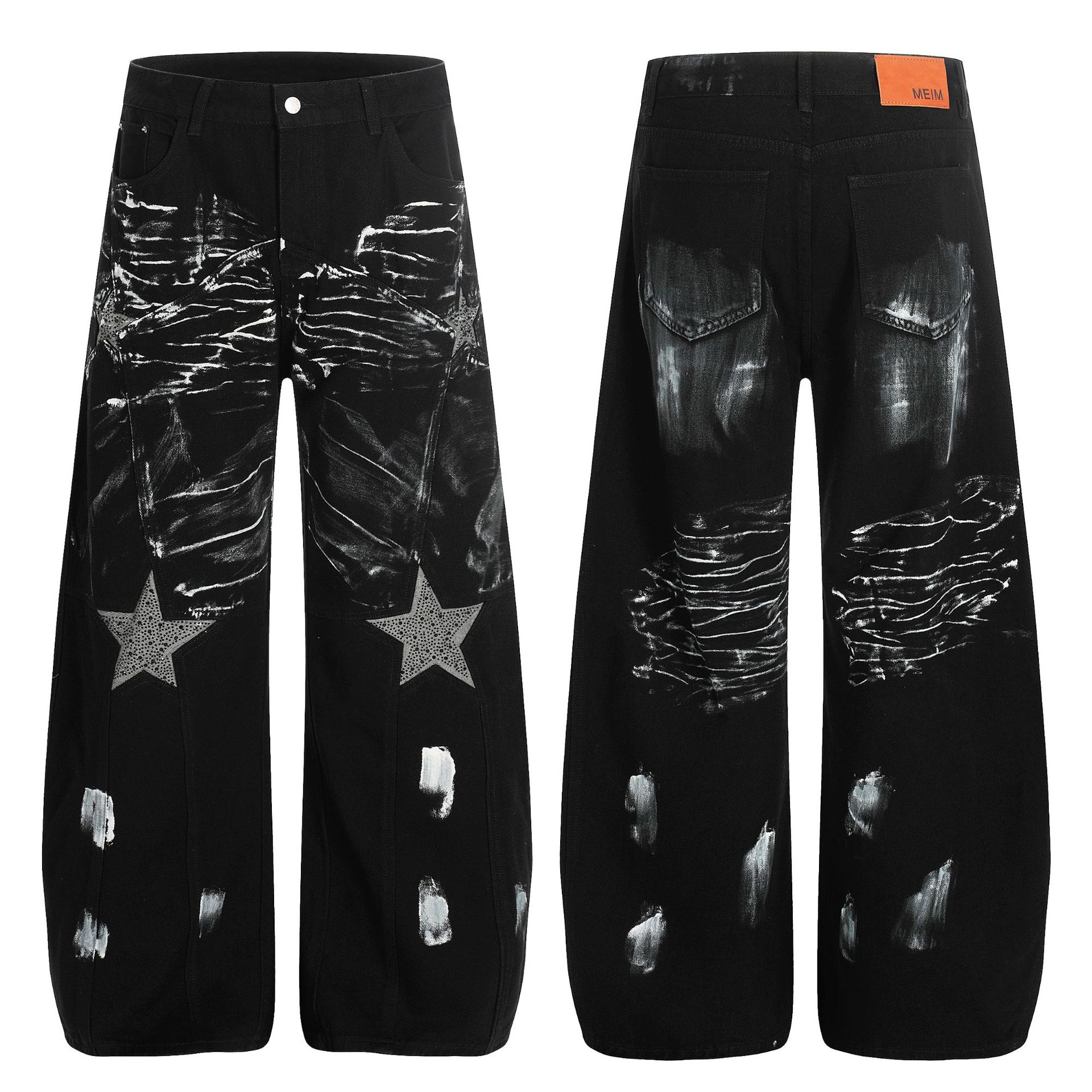 Jean en denim noir délavé, coupe ample, jambe droite, style vintage, effet peinture éclaboussée, pour homme et femme._voghion.com