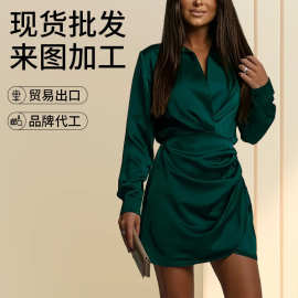 亚马逊跨境欧美独立站女装 秋季新款缎面连衣裙 褶皱百搭连衣裙女