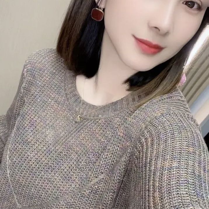 春秋幻彩圆领套头衫女长袖气质百搭宽松显瘦新款针织上衣|undefined