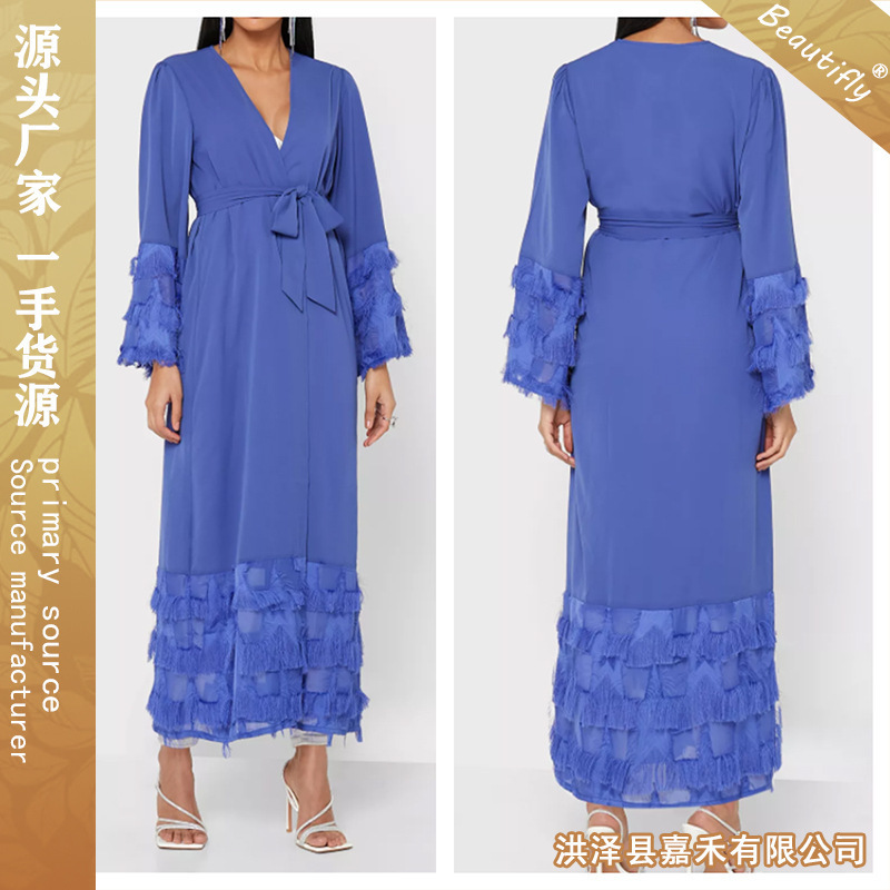 Cross-Border New Model Mslalb Foreign Trade Mature Solid Color Ruffle Sleeve Women's Fashionable Blue Robe Cross-Border New Model Mslalb Foreign Trade Mature Solid Color Ruffle Sleeve Women's Fashionable Blue Robe