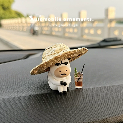 Cow Doll Car Dashboard – Car ornaments - straw-hat-cow-ice-american-style-free-traceless-glue