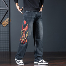 2025刺绣水洗黑色牛仔裤男新款潮牌宽松弹力个性直筒大码牛仔裤男