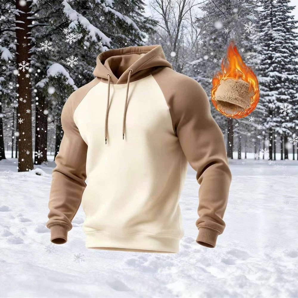 Monochrome Man- Foreign Trade European And American New Winter Casual Color-Blocked Men's Fleece-Lined Thick Pullover Hooded_voghion.com