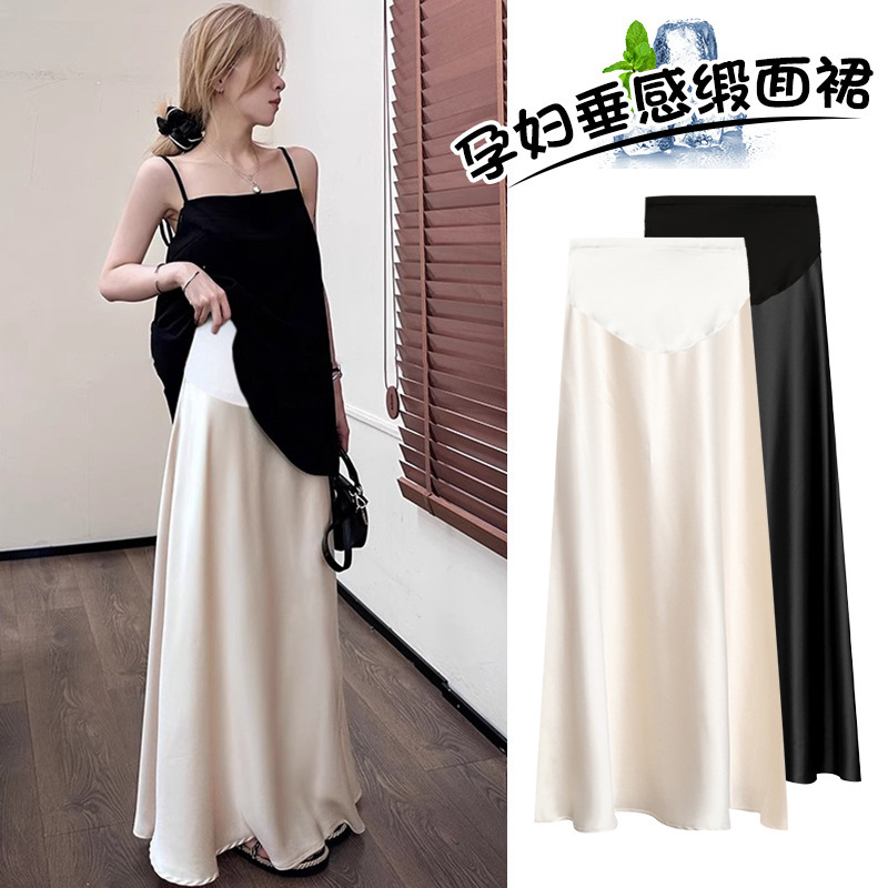 Maternity Summer Satin Silky Fashionable Loose Draped A-Line Spring Belly-Supporting Extended Half-Length Skirt