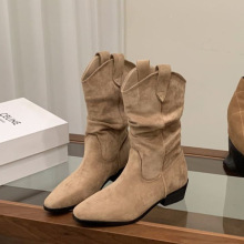 粗跟卡其色绒面堆堆中筒骑士靴女靴子2025秋冬季尖头V口瘦瘦短靴