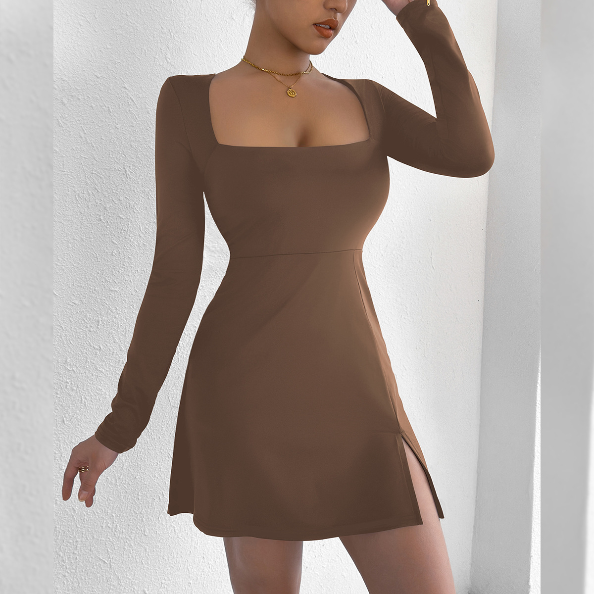 Women's Square Neck Long Sleeve Mini Dress American Style Tight Fit Sexy Fashion Casual Elegant Design For Summer_ecoleips.com