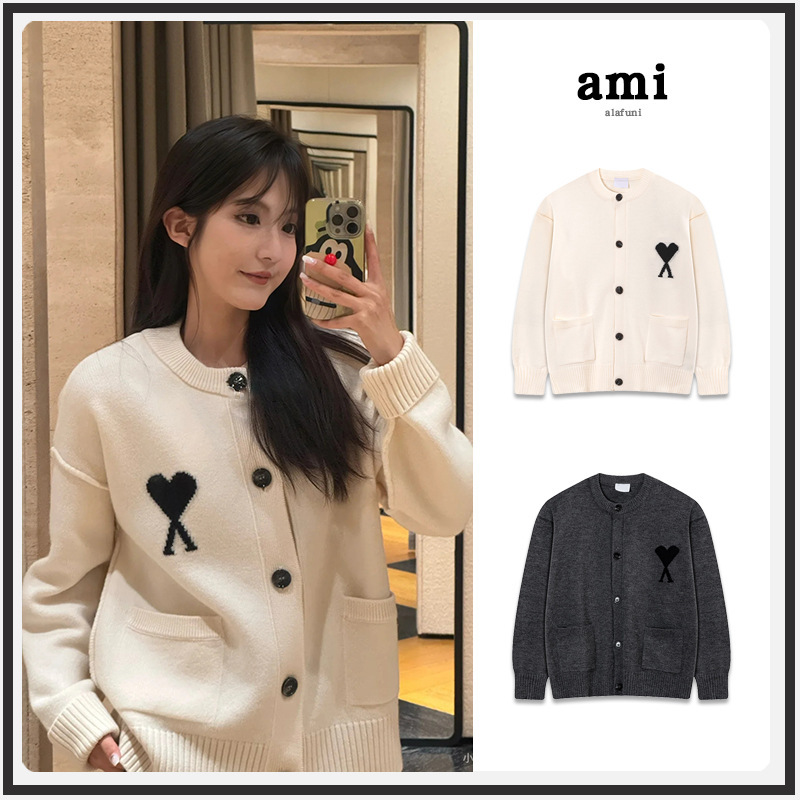 Ami Knitted Cardigan 2025 Autumn and Winter New Adc Heart Alpaca Wool Blended Soft Waxy Round Neck Sweater Jacket