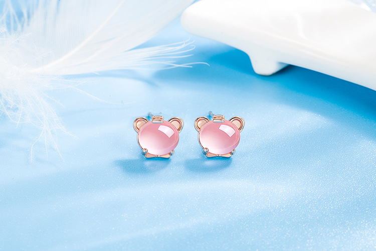 Fashion Cat Copper Ear Studs Inlay Natural Stone Copper Earrings 1 Pair