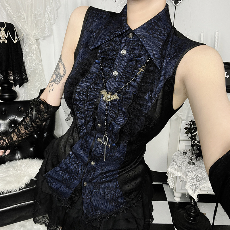 Xs26146 Summer New Style Dark Gothic Lapel Lace Color-Blocked Ruffled Slim-Fit Sleeveless Shirt for Women Xs26146 Summer New Style Dark Gothic Lapel Lace Color-Blocked Ruffled Slim-Fit Sleeveless Shirt for Women