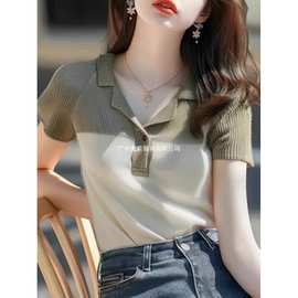 感灰绿POLO领针织短袖T恤女2025年夏季港味复古chic正肩上衣