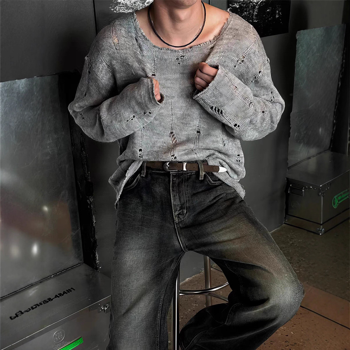 Men's Clothing Men's Distressed Knit Sweater With Lace Trim & Oversized Neck – Trendy Long Sleeve Pullover For Streetwear & Layering_voghion.com