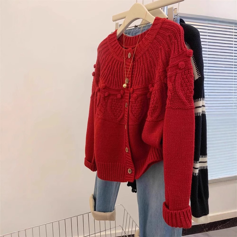 New Year Red Sweater Women's Autumn and Winter Thickened Lazy Style Knitted Cardigan Design Top for New Year