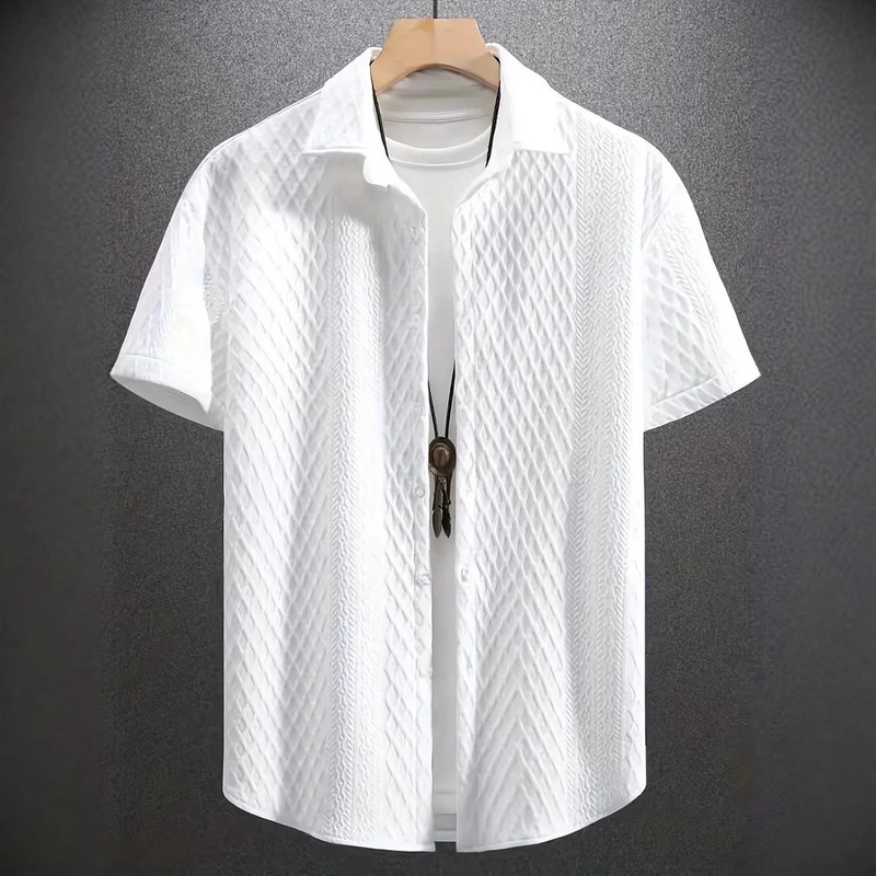 2025 Cross-border Men's Solid Color Short-sleeved Lapel Amazon Solid Color Knitted Shirt Jacquard Casual Short-sleeved Shirt