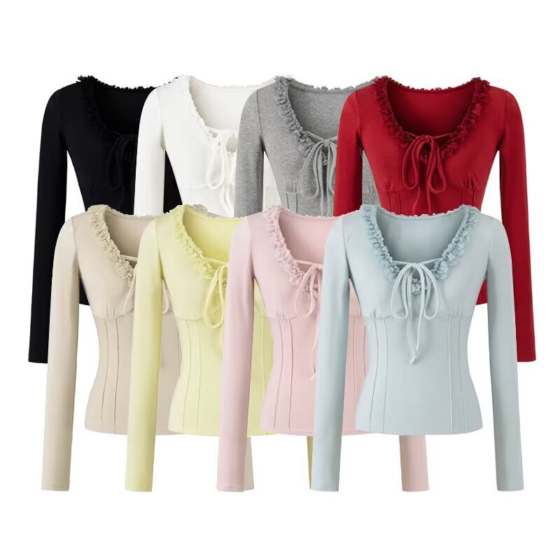 Girly Style V-Neck Lace Patchwork Tie-Up Long-Sleeve T-Shirt for Women, Elegant Niche Retro Pure Desire Base Shirt, Slimming Top Girly Style V-Neck Lace Patchwork Tie-Up Long-Sleeve T-Shirt for Women, Elegant Niche Retro Pure Desire Base Shirt, Slimming Top