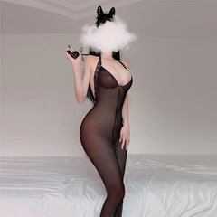 Erotic lingerie: black silk temptation mesh bodysuit, sheer one-piece silk stockings, sexy open-crotch no-removal erotic halterneck mesh bodysuit.