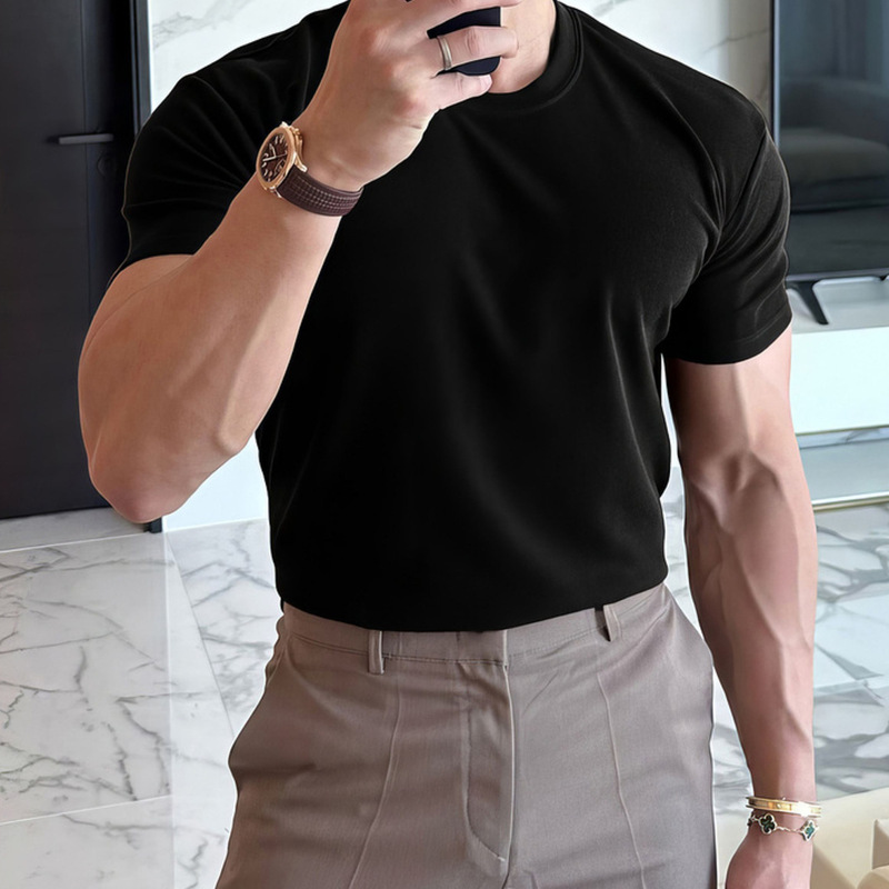 Solid Color Small Round Neck Short-Sleeved T-Shirt for Men, Summer Korean Style Fitness Sports Slim Fit Elastic T-Shirt for Men Showing Off Their Muscles Solid Color Small Round Neck Short-Sleeved T-Shirt for Men, Summer Korean Style Fitness Sports Slim Fit Elastic T-Shirt for Men Showing Off Their Muscles