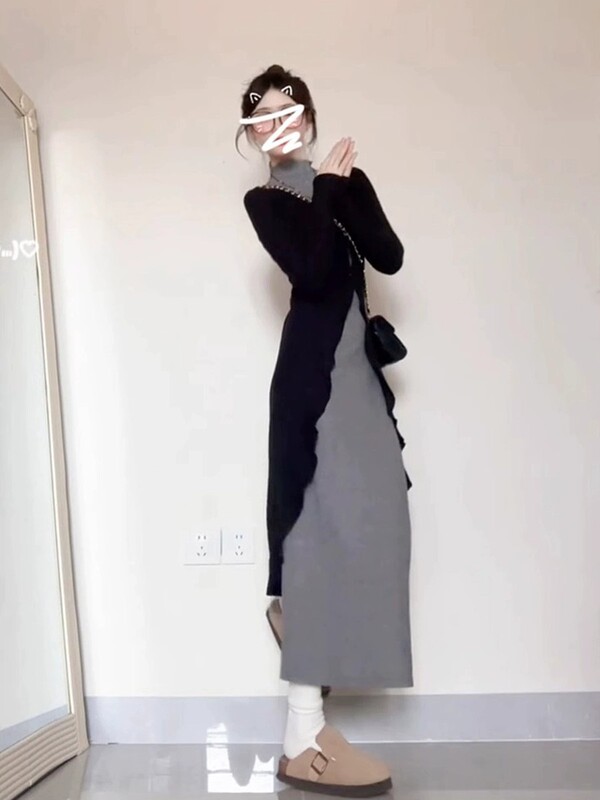 新中式国风套装2025别致绝美黑色针织开衫半高领打底连衣裙两件套|undefined
