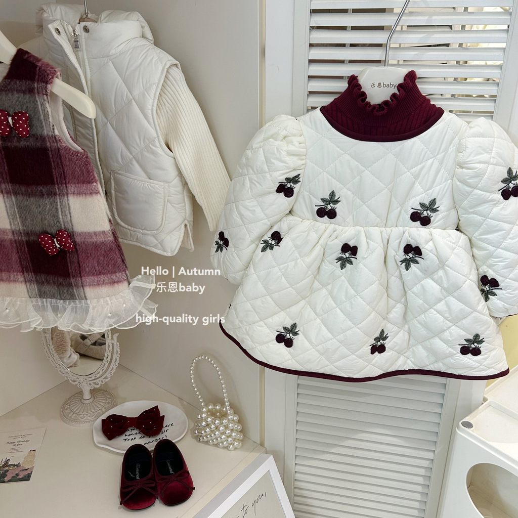 [Ropa de niños de Leen] niñas invierno estilo de cereza con vestido de terciopelo bebé moda coreana vestido cálido vestido de princesa