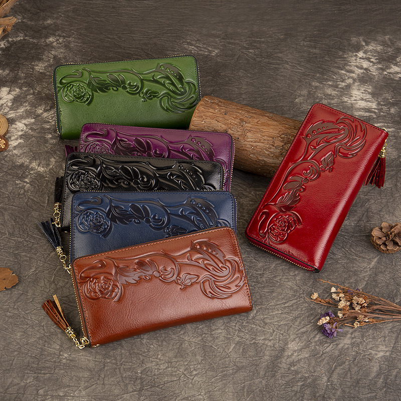 Original Handmade Color Leather Wallet Women's Large Capacity Top Layer Cowhide Embossed Coin Wallet Multi-Card ID Bag