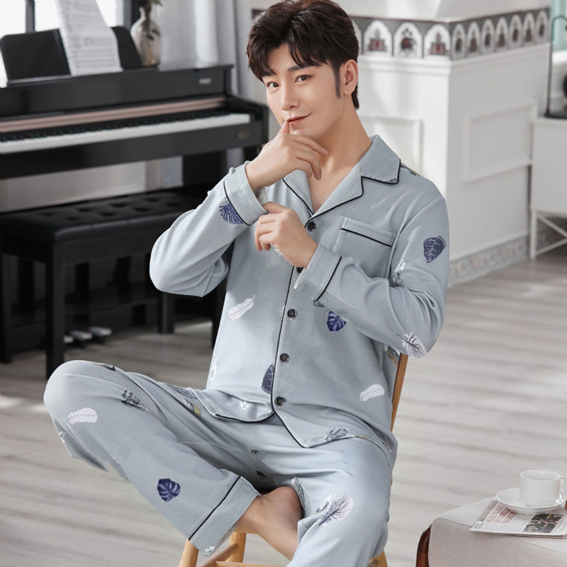Pijamas de hombre de manga larga de primavera y otoño pijamas de hombre de primavera y verano ropa de hogar delgada pijamas de mediana edad para hombres traje de algodón de color sólido