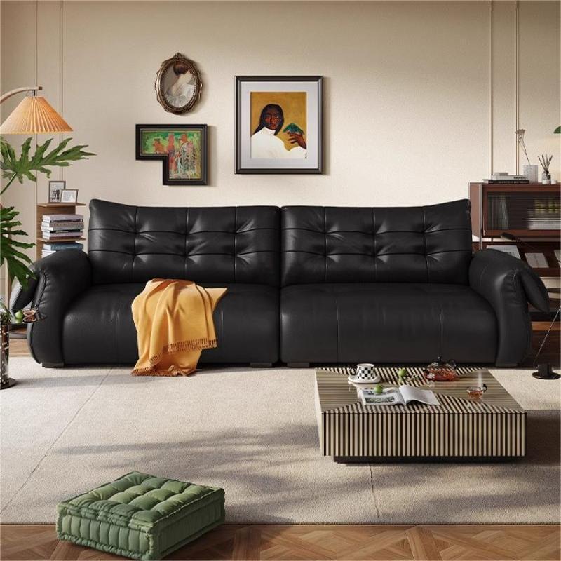 Sofá de cuero de cisne italiano minimalista retro negro cabeza de cuero de vaca sala de estar línea recta combinación de estilo medieval lujoso