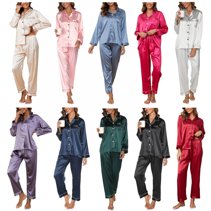 10 colores damas de hielo de manga larga dos piezas set de ropa de casa set de otoño delgado collar pijamas damas
