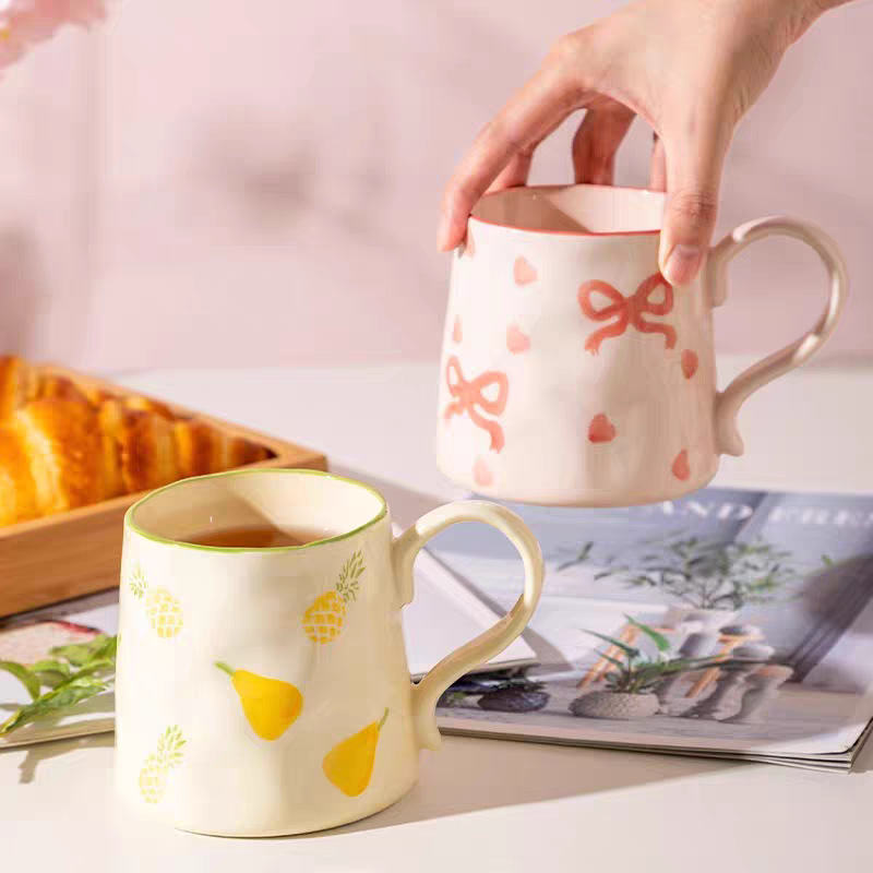 Tao Muming Internet-Famous Hand-Painted Ceramic Cup with Wrinkled Texture, Bow, Fruit Design, Cartoon High-Temperature Resistant Ceramic Mug