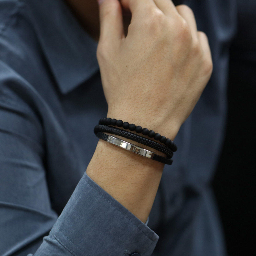 Holiday, Daily Occasion Simple Style Geometric 304 Stainless Steel Pu Leather Irregular Plating Men's Bracelets Men Cord & Leather Bracelets